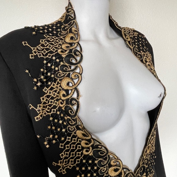 Vintage 90’s Black Gold Long Sleeve Collar appliqué Glam Blazer Jacket CasaDei - Picture 5 of 14
